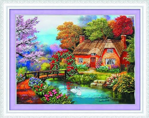 Meecaa Kreuzstich-Set, 11-fädig, geprägt, Landschaft, See, Schwan, Blume, Baum, Stickset mit Zubehör, vorgedruckt (40 x 50 cm) (Querformat)