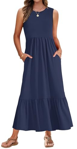 AUSELILY Summer Maxi Dresses for Women UK Sleeveless Ladies Floral Summer Dresses Beach Coverups Sun Dresses Tiered Flowy Swing Long Dress with Pockets Navy Blue