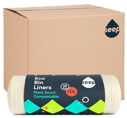 Seep Compostable 375 x 10 Litre Bin Bags - 10L Eco Friendly Bin Liners - Food Waste Caddy Liners - Biodegradable Waste Paper Bin Liners Clear | 15 Rolls