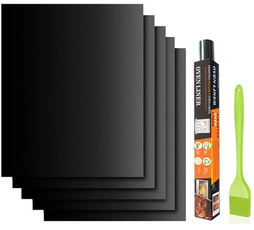 BBQ Grill Mat, Set of 5 BBQ Grill Mat Non Stick Barbecue Baking Mat, Teflon Cooking mats, Reusable Non Stick Teflon Heat Resistant BBQ Mats for Gas and Charcoal Grills 40 x 33 cm Black