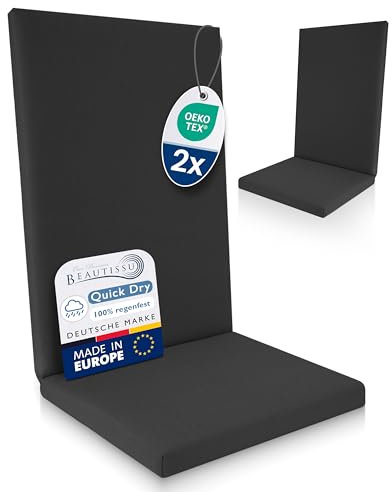 Beautissu 2er Set Premium Hochlehner Auflage 100% Wasserdicht 120x50cm – UV-beständig Bequem Pflegeleicht Waschbar Sitzkissen Gartenstuhl – Quick Dry Polsterauflage Gartenmöbel Stuhlauflage Anthrazit