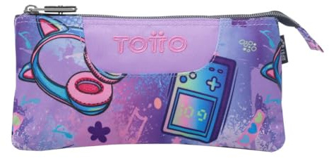 TOTTO - Estuche Escolar 3 Compartimentos, Modelo Tablero, Estuche Grande, Dimensiones 22 x 11 x 3.5 cm, Una Cremallera, Tejido Resistente y Repelente a Líquidos, Estampado Meowsical