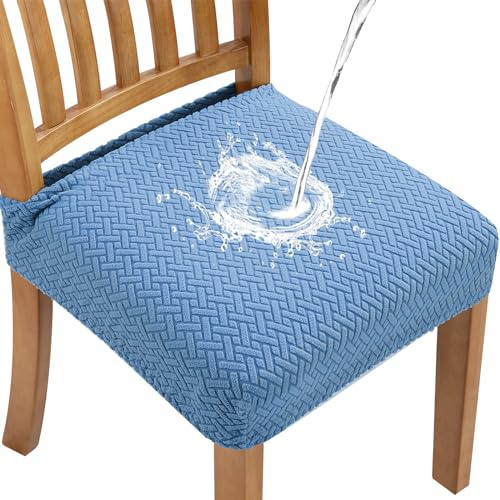Fuloon Housse de Chaise Extensible Gaufrée Jacquard Amovibles Lavables pour Salle à Manger Cuisine Bureau Hôtel (4, Bleu Clair)