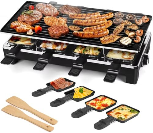 HYQNG Parrilla Eléctrica Raclette, Plancha Eléctrica Antiadherente 2 En 1 Parrilla Eléctrica Interior con 8 Sartenes para Queso Raclette Y 2 Espátulas De Madera, Parrilla Eléctrica Sin Humo