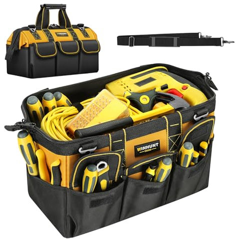 WINHUNT Heavy Duty Tool Bag with Adjustable Shoulder Strap, Waterproof Wide Open Mouth Tools Storage Organiser, 15 Inch, Yellow