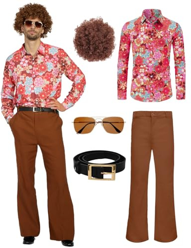 minkasic Costume disco des années 70 - Style hippie - Pour homme - Avec pantalon évasé, chemise - Pour carnaval, fête d'Halloween des années 50, 60, 70 (orange, M)