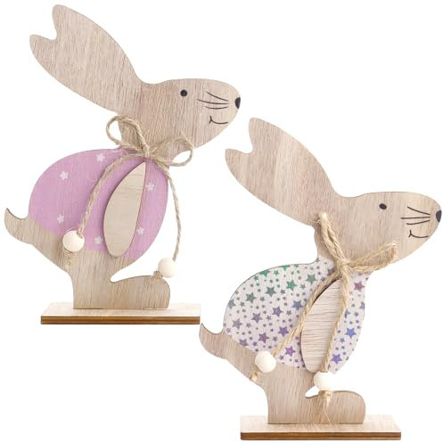 Ourdort 2 Piezas Soportes Decorativos para Pascua,Conejo Decorativo Pascua,Decoración de Pascua de Madera,Madera de Decoración de Conejito de Pascua,Conejitos de Pascua para Pararse (2b)
