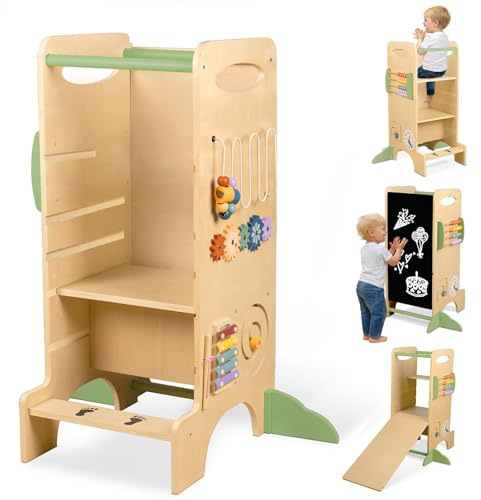 aiwo Toddler Tower Kitchen Step Stool, 3 Adjustable Height Standing Tower for Kitchen Counter, Chalkboard & Montessori Learning Activities