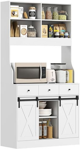 HOMCOM Alacena de Cocina Mueble Auxiliar de Cocina con 2 Puertas Corredizas 3 Cajones Encimera para Microondas y Estantes Ajustables Estilo Granja Blanco 93,5x40x180 cm