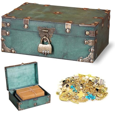 ESYFOR Coffre Tresor Vintage en Bois, 24 * 17 * 9.5cm Coffre au Trésor en Bois Grande Capacité Boite avec Cadenas Portable Coffre Cadenas pour Stockage, Décoration