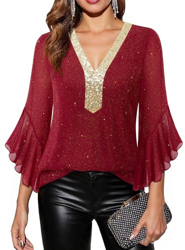 Bodhi talk Chemisier élégant pour femme avec manches 3/4 à volants et paillettes - Tunique avec encolure en V - Chemisier double couche en maille - Hauts de fête parfaits pour le quotidien et les