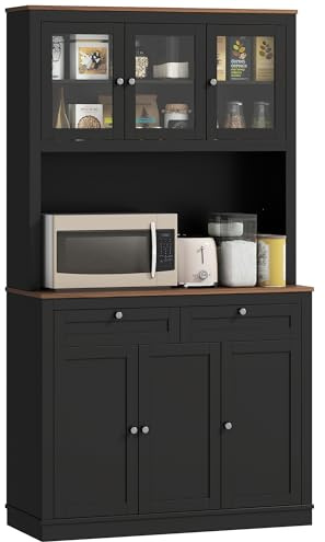 HOMCOM Credenza Cucina con Armadietti, 2 Cassetti e Piano Portamicroonde, Mobile Dispensa Stretto con Ante in Vetro e Ripiani Regolabili, Mobile Cucina per Soggiorno Sala da Pranzo, 100x40x180cm, Nero