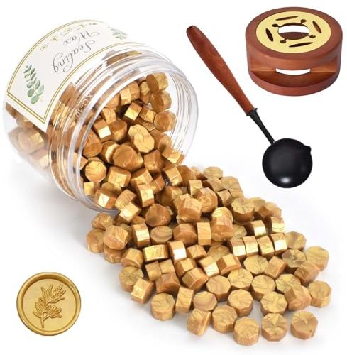 Kit Sellador de Cera, Cuentas de Cera para Sellar Dorado, 200 Piezas Perlas de Sealing Wax con Calentador y Cuchara, Bricolaje para Sellar Sellos, Sobres, Invitaciones, Tarjetas