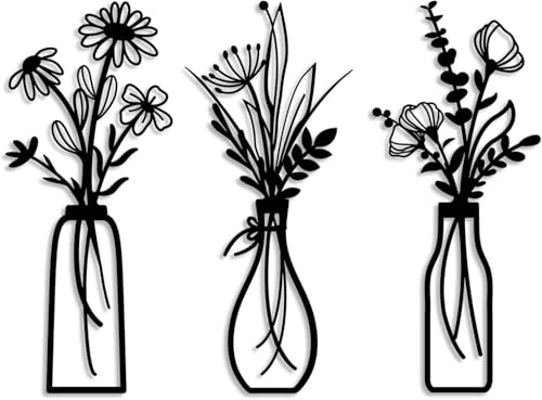 ZHXMALL 3 piezas de decoración de pared de flores de metal, escultura de pared negra, minimalista en jarrón, arte de pared colgante de hierro para terraza, salón, baño, dormitorio, comedor, cocina