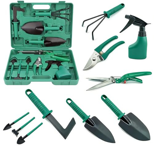 MFUSUL 10 Pezzi Set di Attrezzi da Giardinaggio, Strumenti per bonsai Kit Set con Manico, Giardino per Piante in Acciaio al Carbonio, Set Giardinaggio Regali da Giardino per Donna Uomo