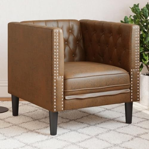 Kaloriko Sillón Chesterfield de piel sintética marrón con acolchado de espuma, 71 x 74,5 x 70,5 cm, estructura de madera estable para salón y oficina