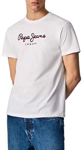 Pepe Jeans London Eggo N Camiseta de hombre de ajuste regular, 100% algodón, cuello redondo, manga corta con logo en el pecho, blanco