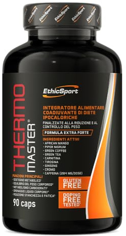 Thermo Master EthicSport – coadiuvante di diete ipocaloriche per controllo peso con Caffeina, Tè Verde, Caffè Verde, Ginseng, Cromo, Carnitina e Tirosina – Formula extra forte – 90 capsule vegan