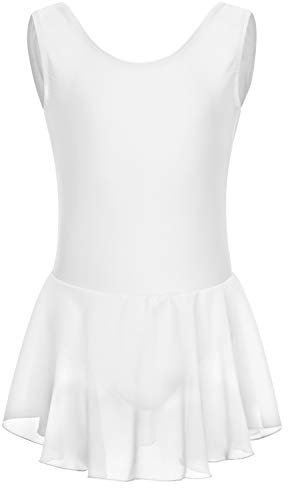 tanzmuster Kinder Ballettkleid Polly aus glänzendem Lycra mit breiten Trägern und Chiffon Röckchen in weiß, Größe:140/146