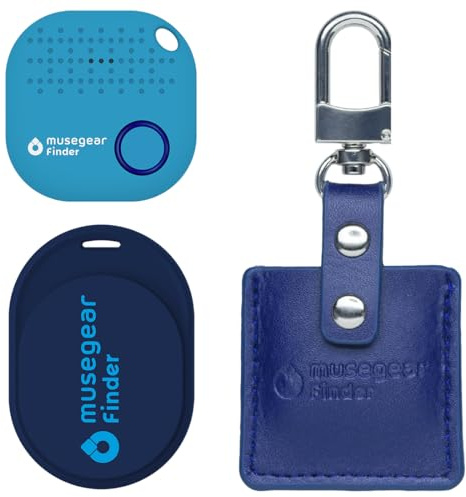 musegear Essentials: Schlüsselfinder mit Bluetooth App aus Deutschland I Special Bundle: Finder mini dunkelblau, Finder 2 hellblau, Finder 2 in Ledertasche Navy Blue I Maximaler Datenschutz