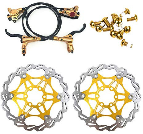 NYK Zoom Hydraulic Disc Brakes Mountain Bike Sets MTB Front & Rear Set with Floating Disc Rotor 160mm & Color Bolts (Gold)