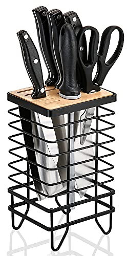 LINFIDITE Knife Block for Kitchen Universal Knife Storage Organiser 8 Slots Top Hollow Iron Wire Knife Rack Safe to Use Different Size Knife Scissors Kitchen Countertop Storage Black