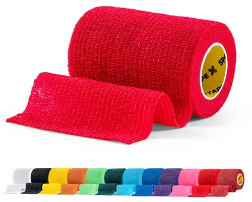 SPORTTAPE Self-Adhesive Cohesive Bandage, 7.5cm x 4.5m, Red | Compression & Vet Wrap for Dogs, Horses, Sports Stretch Tape for Football, Ankles, Joints, Wrists and Sock Tape - Single Roll