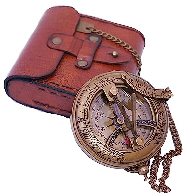 Handcrafted Vintage Brass Sundial Compass – Antique Nautical Sun Clock with Leather Case – Engraved Collectible Brass Compass Gift for Men - Nautical Gifts for Men, Best Anniversary Vintage Gifts