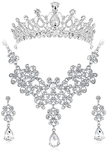 Darryy Brautschmuck Set Silber, 4 Stück Diadem Hochzeit Schmuck Braut Set, Zirkonblatt Accessoire Princesse Femme, Halskette und Ohrringe, Hochzeit Luxus Schmuck, Glitzernde Strasssteine