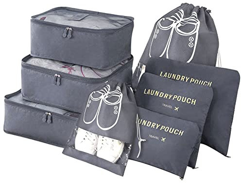 Vicloon Koffer Organizer, 8-in-1-Set Gepäck Organizer, wasserdichte Reise Kleidertaschen umfassen 2 Schuhbeutel, 3 Packwürfel und 3 Aufbewahrungsbeutel, für Kleidung Schuhe Kosmetik - Grau