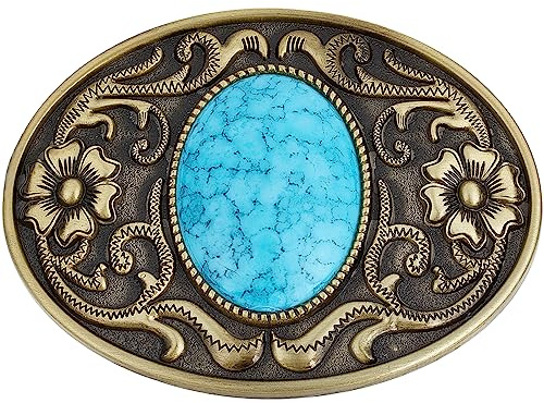 GORGECRAFT Botones de Piedra Turquesa 90 × 66 mm Hebillas de Cinturón Hombres American Western Cowboy Elementos Indios Vintage Turquesa Hebilla de Cinturón Ovalada con Flor, Bronce Antiguo