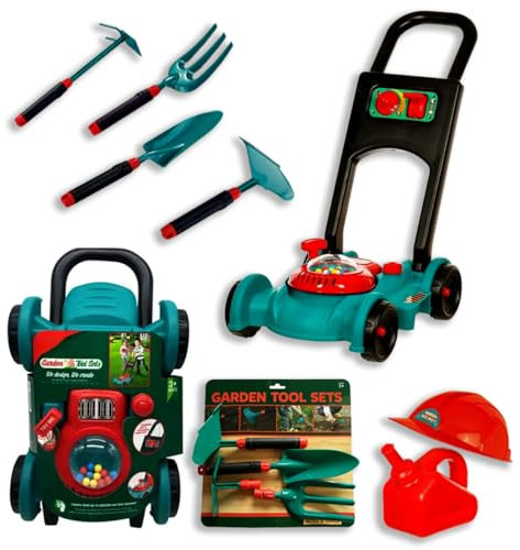 Coo11 Kids Lawn Mower Gardening Tool, Helmet Plow for Toddlers Indoor Outdoor Push Childrens Gardening Toys Preschool Boys Girls Gift Age 3+ Years (Lawn Mower +Helmet + Gardening Tool)