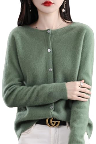 TeysHa Kaschmir-Cardigan für Damen, Wollpullover mit Rundhalsausschnitt, Knopfleiste und Langen Ärmeln (Pine Green,Medium)