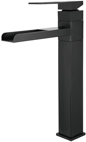 SHANFO Waschtischarmatur Hoch, Wasserhahn Bad Wasserfall, 360° Schwenkbar Mischbatterie Waschtisch, Einhebelmischer für Bad, Hoch Armatur, Schwarz, 6M3OK-T