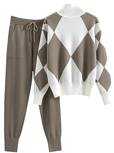 Zeiayuas Ensemble Femme 2 PièCes SurvêTement Chic Elegant Motif à Carreaux Chemise + Pantalon DéContracté Pull Ensemble Tricoté Sportswear Manche Longue Loungewear 2 PièCes Suit 2023