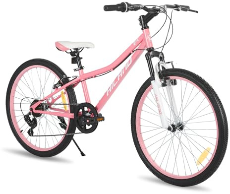 Hiland 24 Inch Kids Bike, 7 speed Kids Mountain Bike, Youth Boys Girls Mountain Bicycle with Suspension Fork V-brake, Pink
