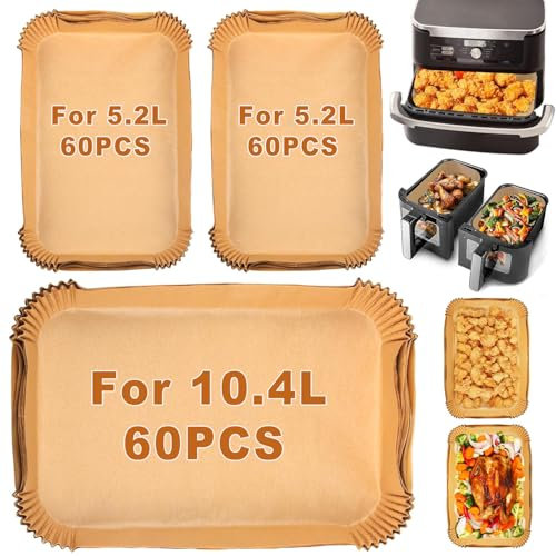 YJDM 180 Stück Backpapier für Heißluftfritteuse Ninja AF500EU AF500EUCP, Cecotec 9000, Rechteckig Airfryer Backpapier für Flex Drawer Dual Zone 5.2L, 10L&10.4L verschiedene Zwei Größen Luftfritteusen