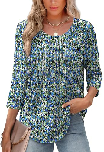 Aokosor Womens 3/4 Sleeve Tops for Women UK Scoop Neck Casual Pleated Tunic Loose Fit T Shirts Blouses Ladies Tops Size 18-20 F-Blue Floral XL