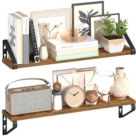 VASAGLE Wall Shelves, Floating Shelves Wall Mounted, Set of 2, 2 Mounting Ways, 60 cm, for Living Room, Bathroom, Kitchen, Rustic Brown and Matte Black LWS062K01