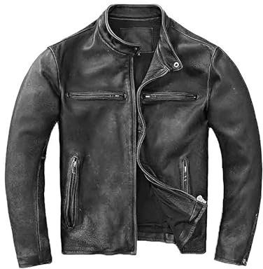 Nödställd motorcykeljacka i läder | äkta läderjacka herr | motorcykelkläder för män | med flera fickor och justerbara ärmar, Gråsvart, M