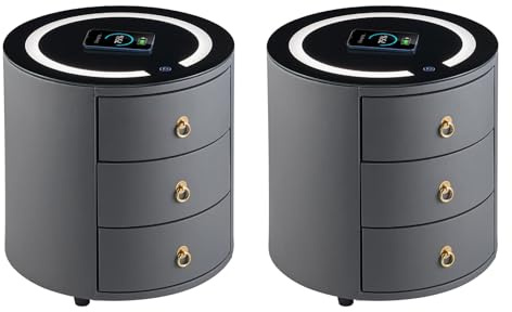 CLIPOP Rund Nachttisch 2er Set mit Kabelloser Ladestation und LED Licht,Smart Beistelltisch Couchtisch Kunstleder Sofatisch mit 3 Schubladen und Gehärteter Glasplatte,Grau