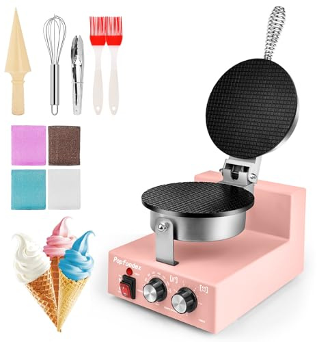 Popfoodex Commercial Waffle Cone Maker - 1200W Commercial Ice Cream Cone Maker w/ 8’’ Non-stick pan and 122–572°F Adjustable Temp, Waffle Cone Maker Machine w/Shaper Roller and Timer, for Restaurants