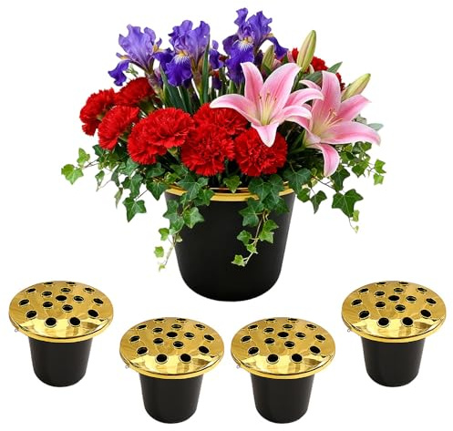 KBIBCK 5 Pcs Grave Flower Holders, Memorial Grave Pots with Golden lid, Memorial Vases for Graves,Strong Plastic Grave Flower Pots,Grave Vase for Cemeteries,Funeralsand Cemeteries Memorial Cemeteries