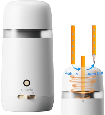 tenwin Temperamatite elettrico completamente automatico per matite da 7 a 11,5 mm, ingresso ed espulsione automatico, 3 pennini regolabili selezionabili con luce respiratoria (bianco)