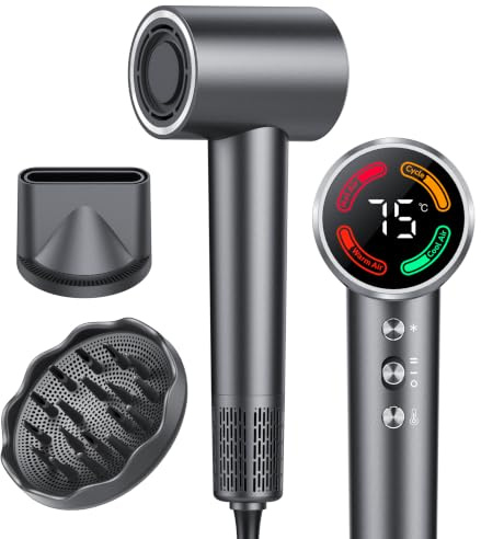 Phon Capelli Alta Velocità Professionale, Asciugacapelli Ionico 160.000 RPM, Basso Rumore,Asciugatura Rapida Anticrespo, Con Diffusore, Termoregolazione intelligente, Display LED,Idea Regalo(Grigio)