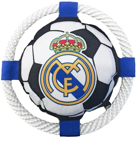 Frisbee Perro Cuerda Real Madrid Licencia Oficial - Disco Volador Perro Diseño Balón Fútbol Escudo RMCF, Juguete Perro Exterior Cuerda Resistente Fetch, Frisbee Interactivo Perro Real Madrid