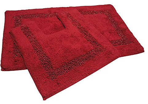 Tonys Textiles Badgarnitur in Glitzer-Diamant-Optik - Badematten aus 100% Schwerer Baumwolle - 2-teilig - Rot