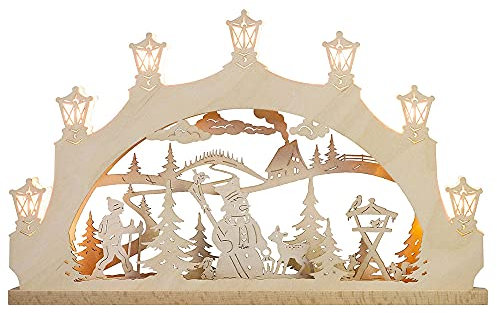 weigla - Schwibbogen original Erzgebirge I LED Lichterbogen Weihnachten I Motiv Schneemann im Wald I 7 Lampenkerzen + 1 Ersatzlampe I 7 x 34 V, 0,2 W, E10 I beleuchtete Weihnachtsdeko