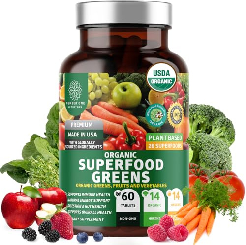 Number One Nutrition USDA Organic and Easy-to-Take Super Greens, Better Than Powder Fruits & Veggies Supplement with 28 Superfood Ingredients Like Alfalfa, Beet Root and Ginger, 60 Tablets