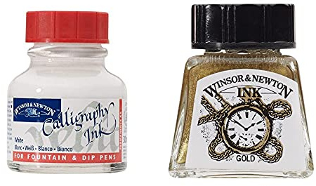 Winsor & Newton Tinta Para Caligrafía Capligraphy Ink Frasco De 30Ml, Blanco + Drawing Ink Tinta de Dibujo, Dorado (Gold), 14ml